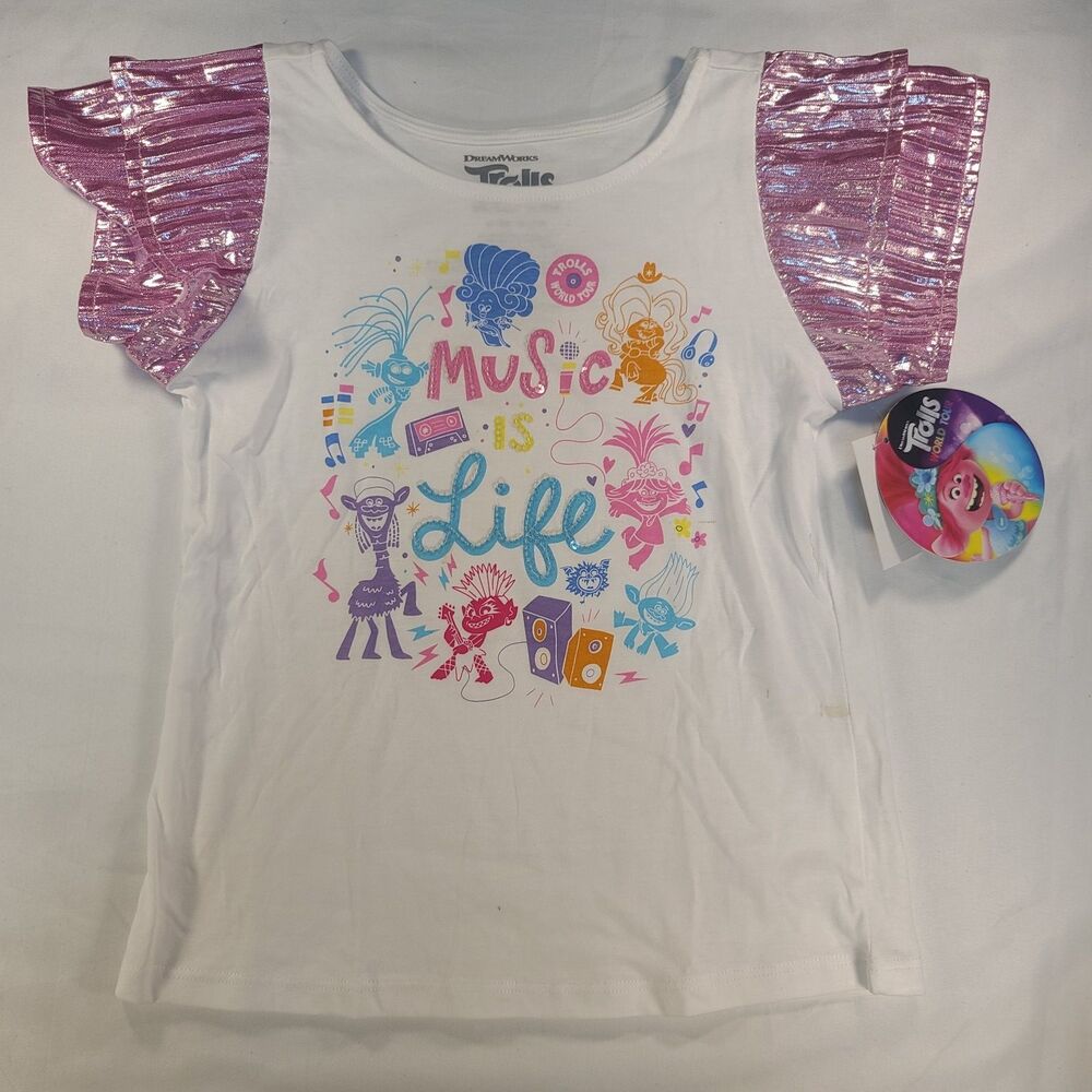 Trolls World Tour Girls Size M 7/8 White Music Is Life Shirt Pink Sleeves NWT